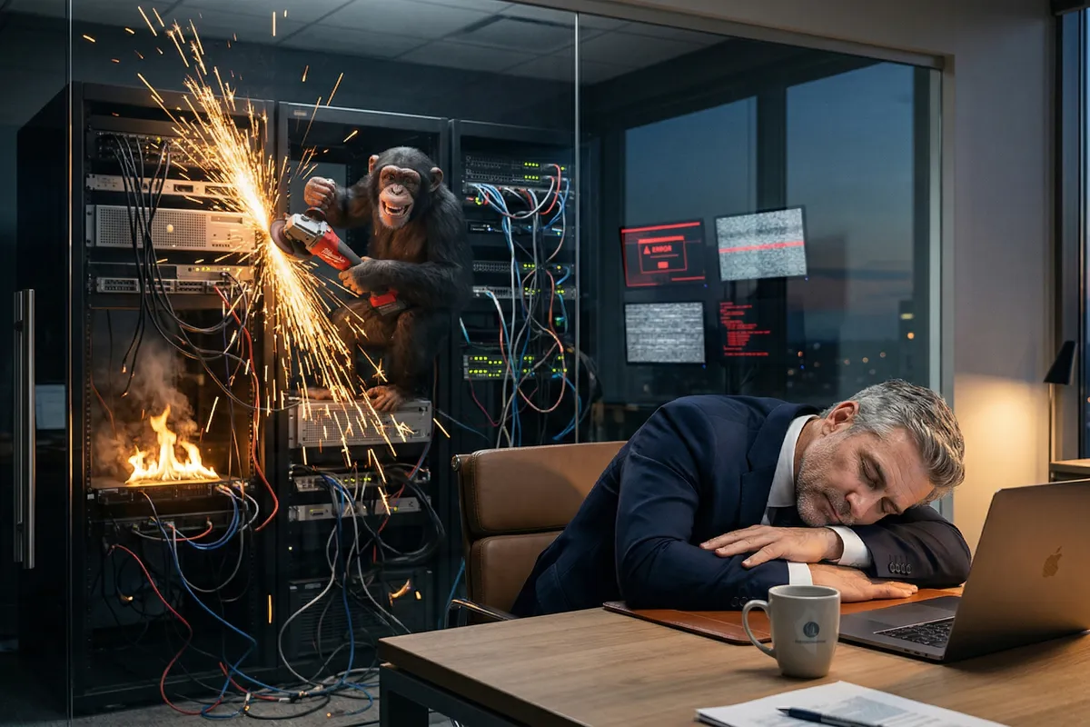 Een slijptol in de handen van een aap